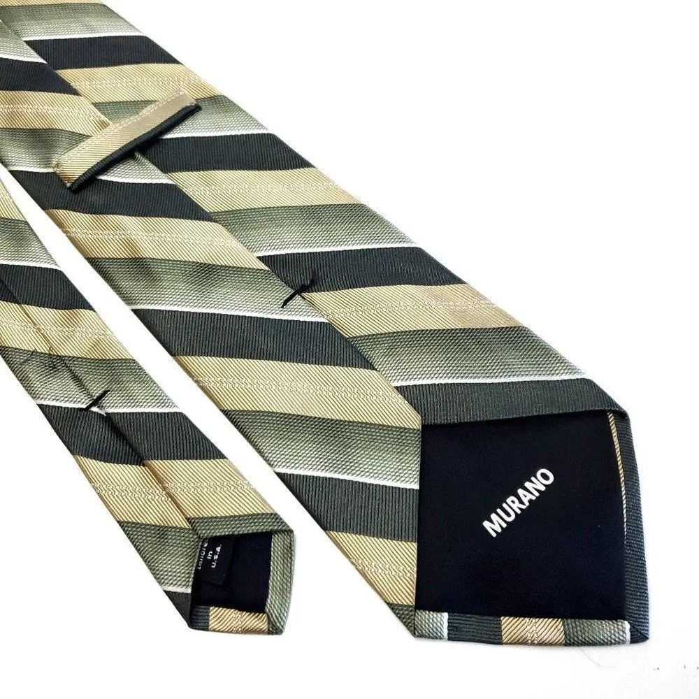 Murano Woven Green Tan Striped Long Silk Tie‎